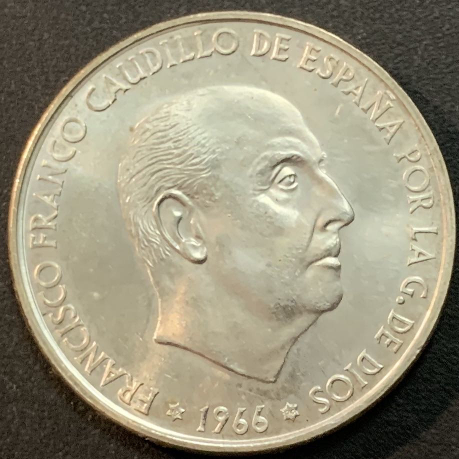 紫瑗钱币—微拍第51期 西班牙 1966年 佛朗哥 100比塞塔  19克 0.9银 UNC