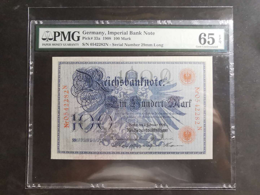 【鲸贝乐淘】千字文·第“墨悲丝染，诗赞羔羊”号拍卖 【德国🇩🇪】1908年100马克￡，PMG65E 