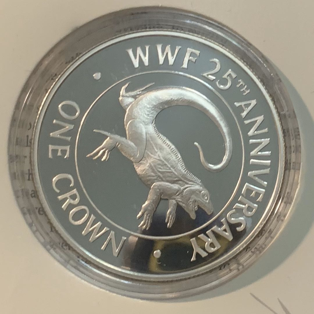 紫瑗钱币—微拍第51期 特克斯与凯恩斯 1988年 WWF25周年 特克斯巨蜥 1克朗 28.28克 0.925银 精制 WWF原装卡