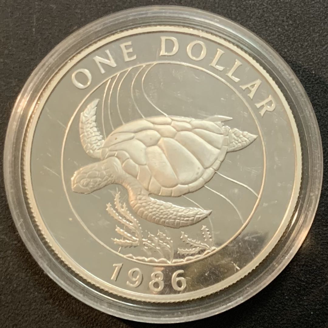 紫瑗钱币—微拍第51期 百慕大 1986年  珍稀海洋动物 大海龟 1元 28.28克 0.925银 精制