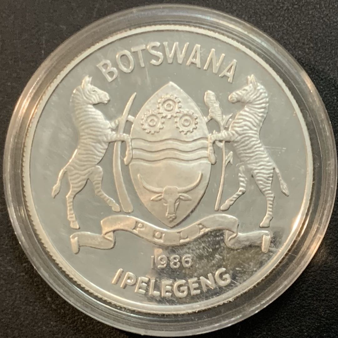 紫瑗钱币—微拍第51期 博茨瓦纳 1986年 保护动物系列 鹳 2帕拉 28.28克 0.925银 精制