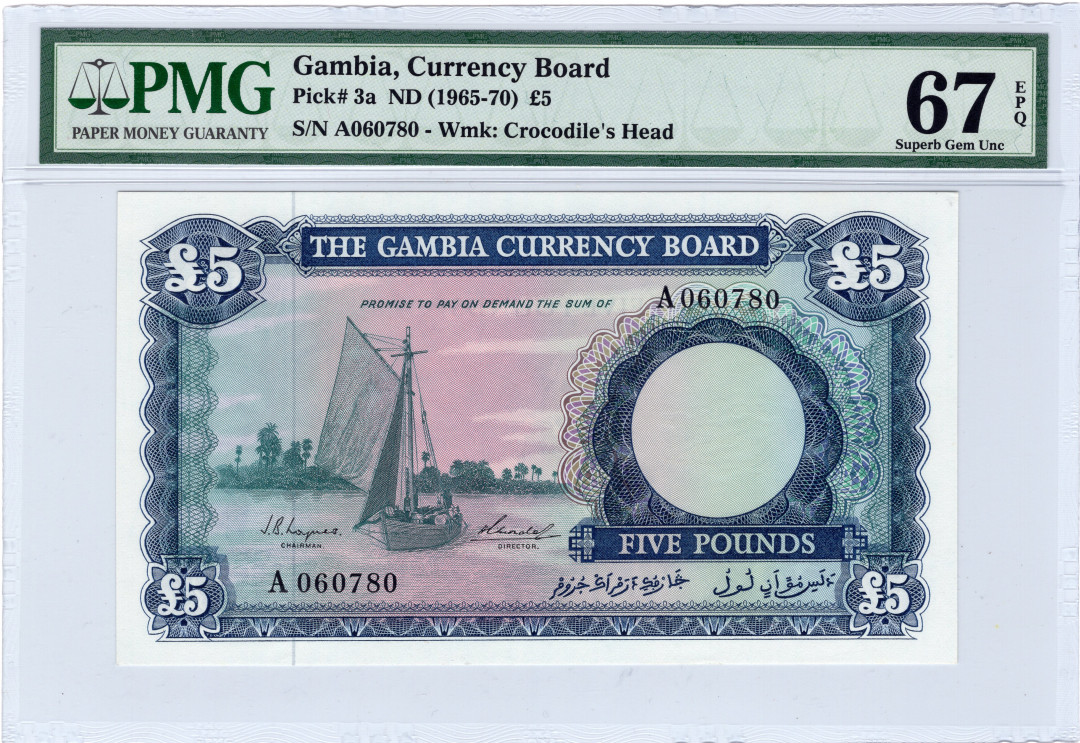 【收藏联盟】第133期拍卖——别墅和花园（共50拍） 冈比亚 1965-70年 5镑 PMG67EPQ p3a  雕刻非常精美 该国第一套纸币