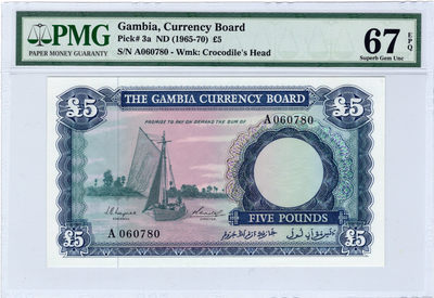 【收藏联盟】第133期拍卖——别墅和花园（共50拍） - 冈比亚 1965-70年 5镑 PMG67EPQ p3a  雕刻非常精美 该国第一套纸币