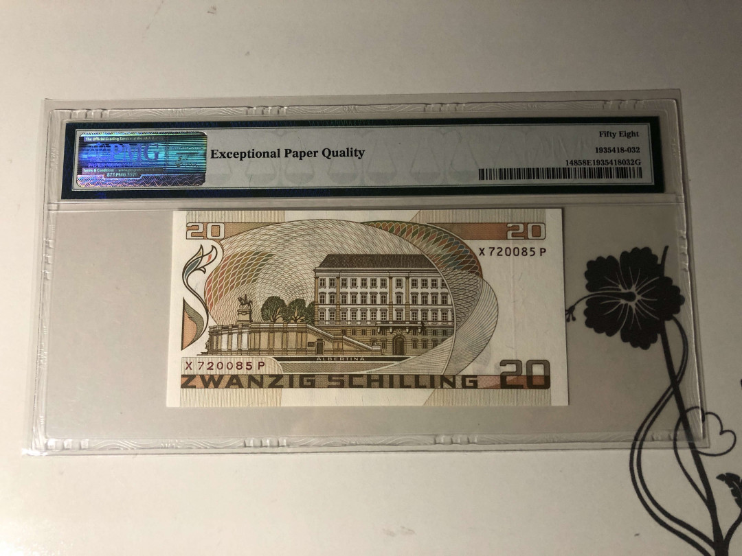 【收藏联盟】第133期拍卖——别墅和花园（共50拍） 【一组2张】奥地利 1988年20先令PMG 58EPQ&瑞典 1963年5克朗 PMG64EPQ