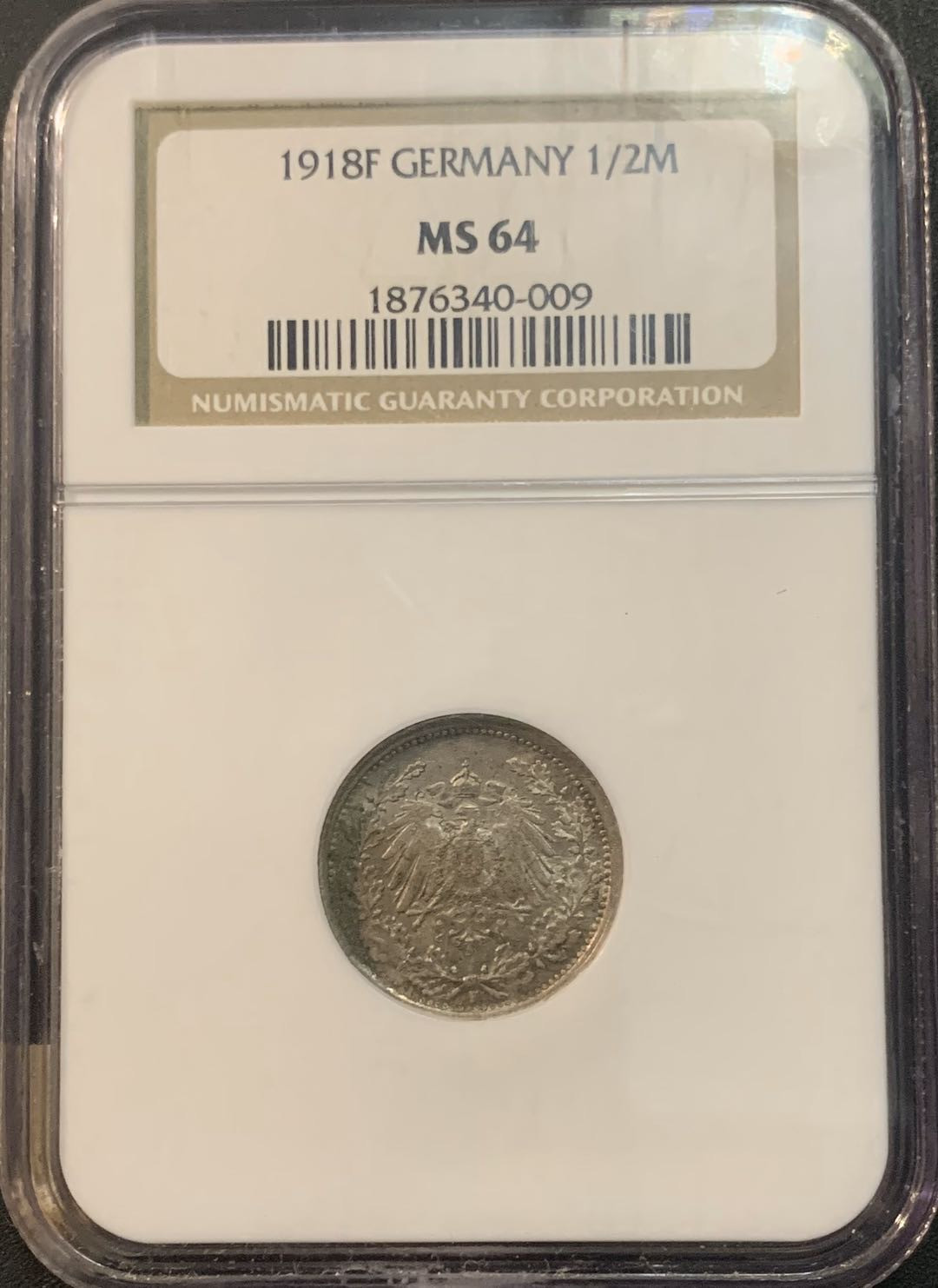 紫瑗钱币—微拍第51期 德国 1918年 F厂 1/2 马克 NGC MS64 （老盒）