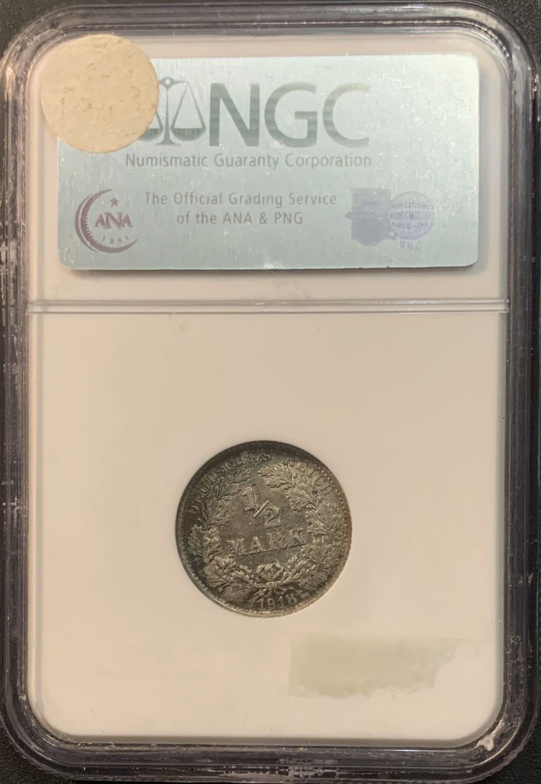 紫瑗钱币—微拍第51期 德国 1918年 F厂 1/2 马克 NGC MS64 （老盒）