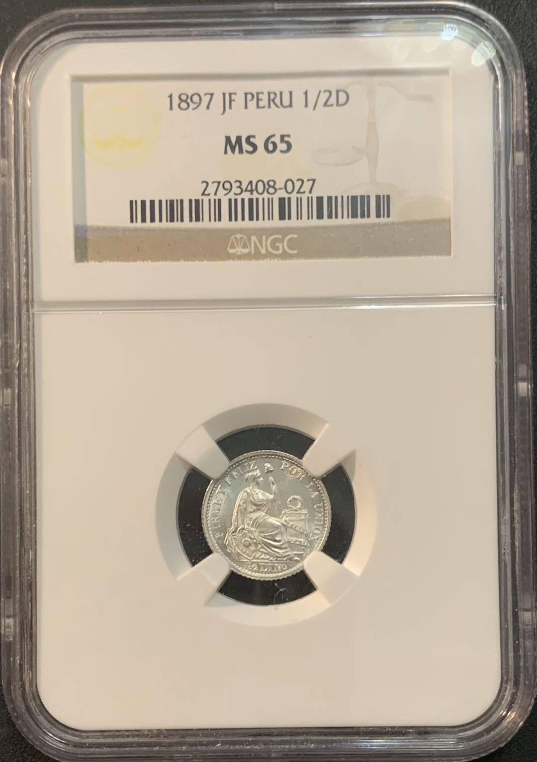 紫瑗钱币—微拍第51期 秘鲁 1897年 坐人 1/2D NGC MS65