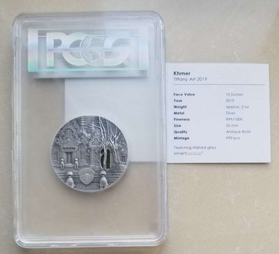 【随心拍&GetCoins】现代钱币拍卖第四十八期 帕劳2019年蒂凡尼艺术吴哥窟2盎司镶嵌仿古银币PCGS70首发标签