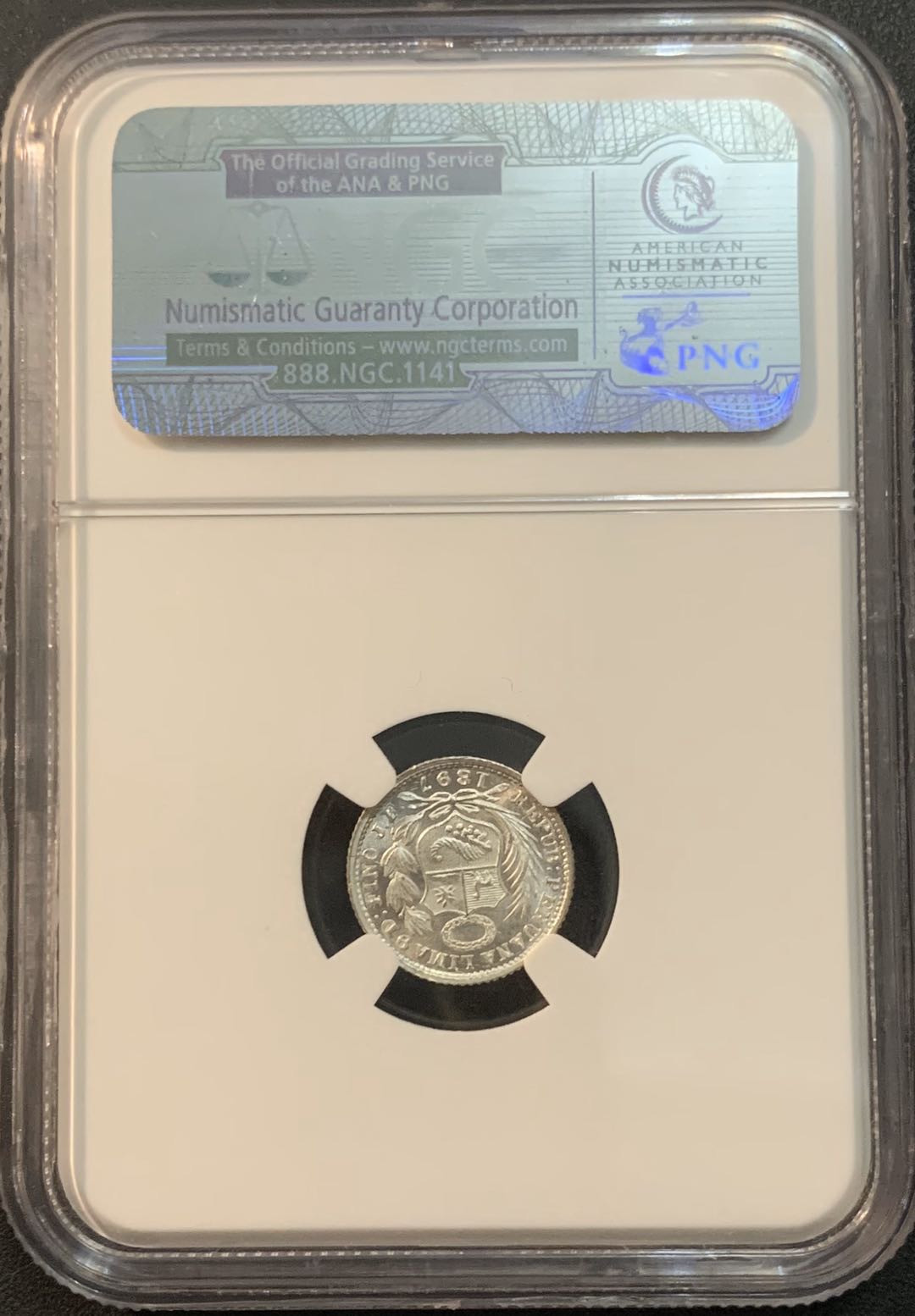 紫瑗钱币—微拍第51期 秘鲁 1897年 坐人 1/2D NGC MS65