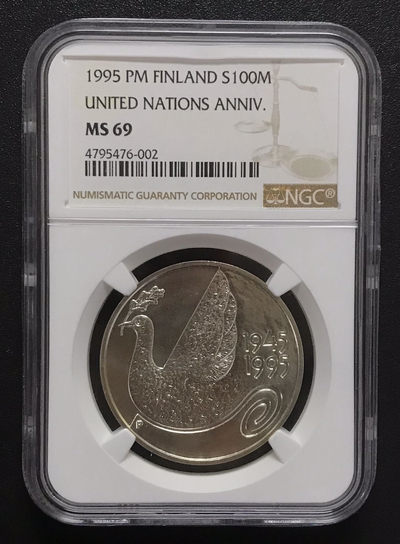 【随心拍&GetCoins】现代钱币拍卖第四十八期 获奖芬兰1995年联合国成立50周年普制银币NGCMS69