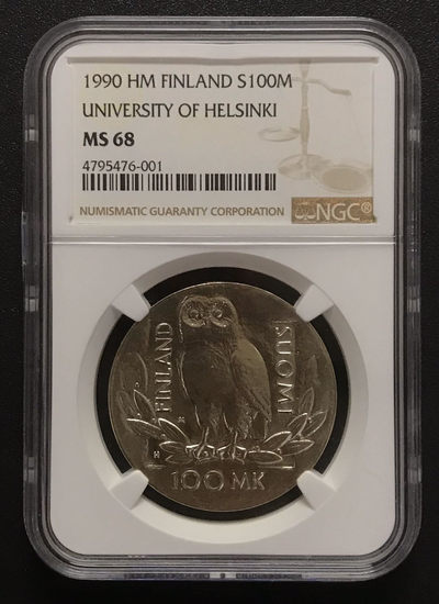 【随心拍&GetCoins】现代钱币拍卖第四十八期 芬兰1990年马克赫尔辛基大学350年猫头鹰银币NGCMS68