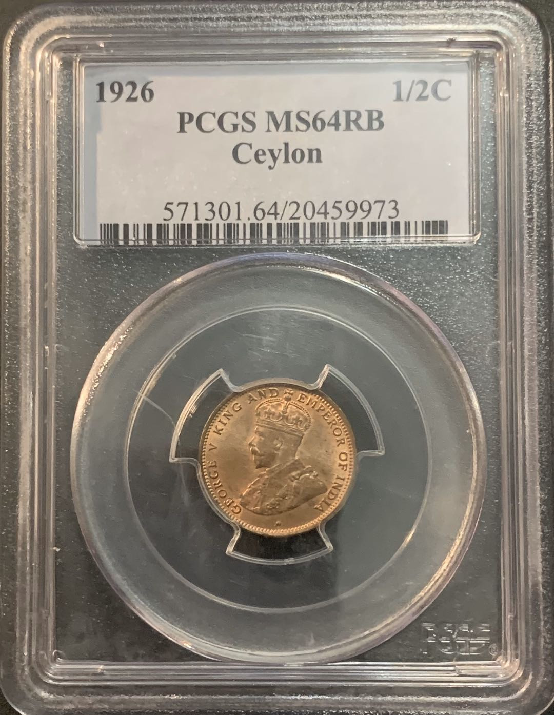 紫瑗钱币—微拍第51期 锡兰 1926年 乔治五世 1/2分 PCGS MS64 RB