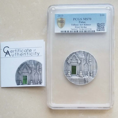 【随心拍&GetCoins】现代钱币拍卖第四十八期 帕劳2019年蒂凡尼艺术吴哥窟2盎司镶嵌仿古银币PCGS70首发标签