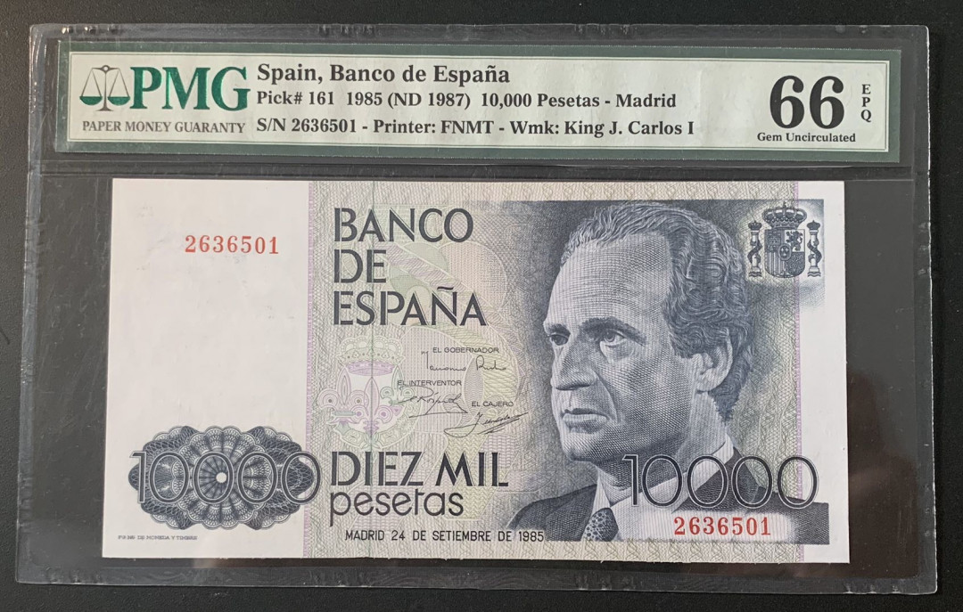 紫瑗钱币—微拍第52期 —纸币场 西班牙 1987年 10000比塞塔 PMG 66 EPQ （P-161）