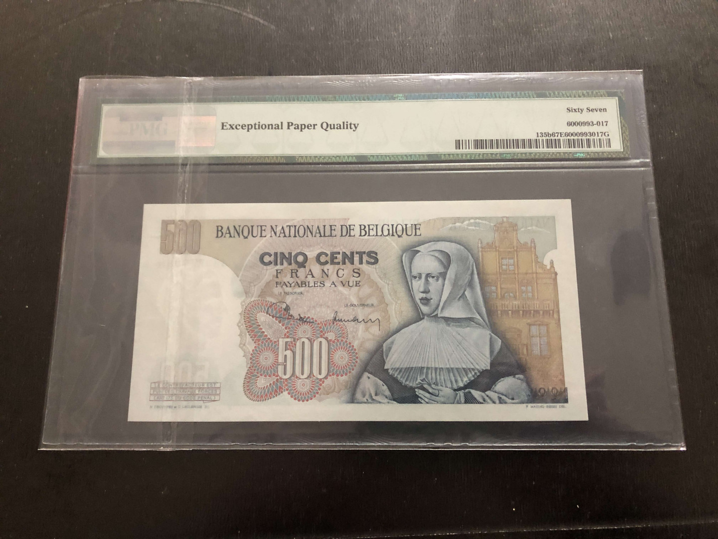 【收藏联盟】第134期拍卖——昆士顿高地战役（共50拍） 比利时 1961-75年 500法郎 PMG67EPQ 经典黑寡妇