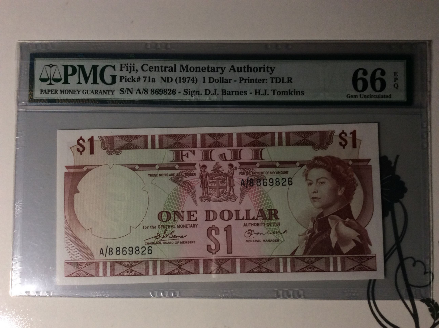 【收藏联盟】第134期拍卖——昆士顿高地战役（共50拍） 斐济 1974年 1元 PMG66EPQ 戎装女王 p71a