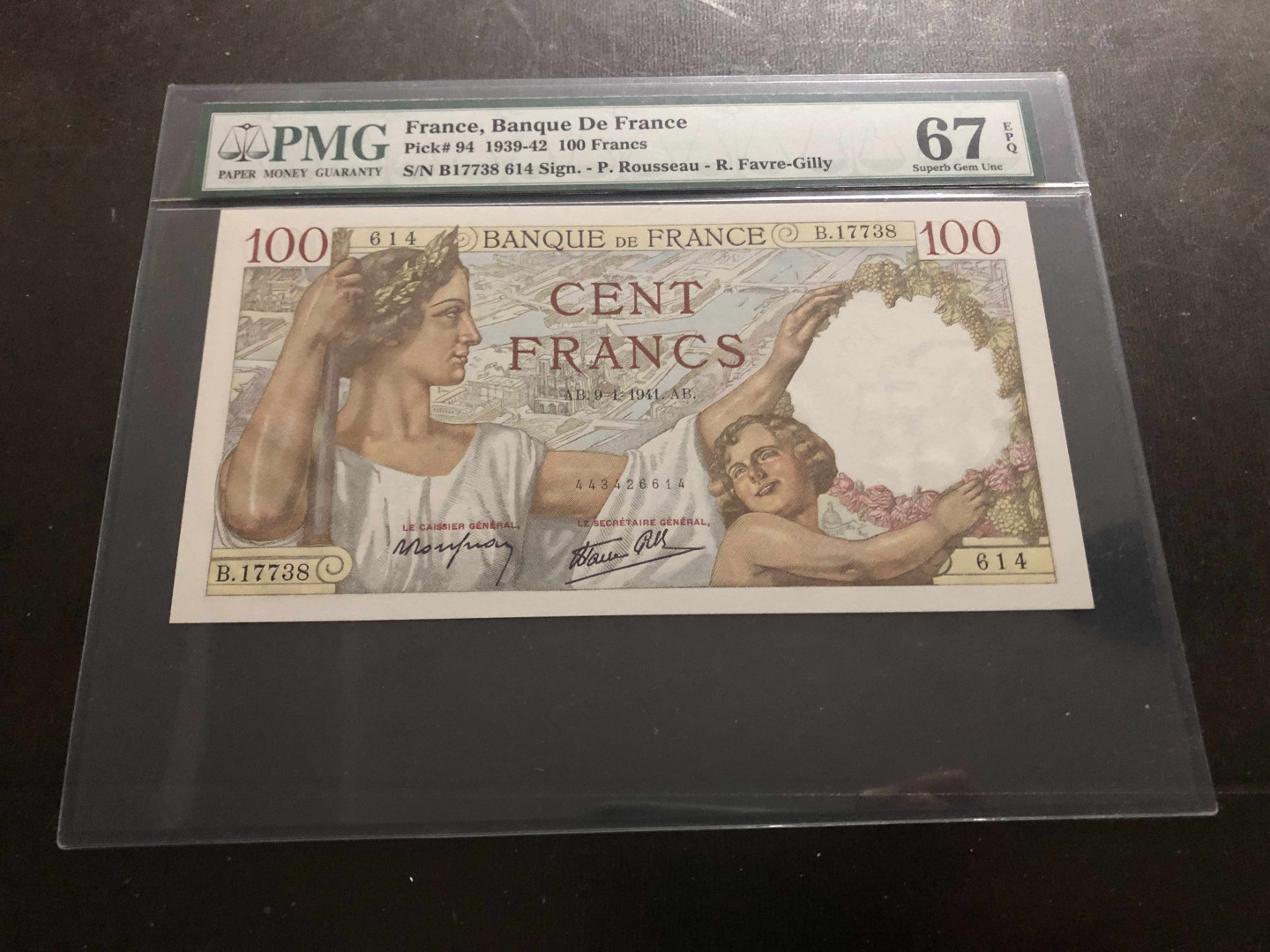 【收藏联盟】第134期拍卖——昆士顿高地战役（共50拍） 法国 1939-42年 100法郎 PMG67EPQ