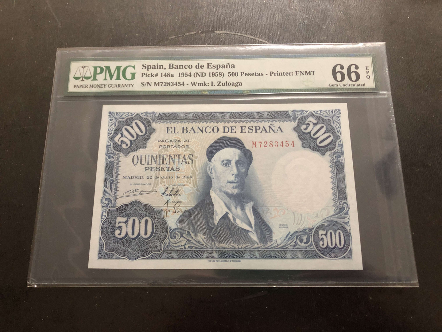 【收藏联盟】第134期拍卖——昆士顿高地战役（共50拍） 西班牙 1954年 500比塞塔 PMG66EPQ  背面漂亮 