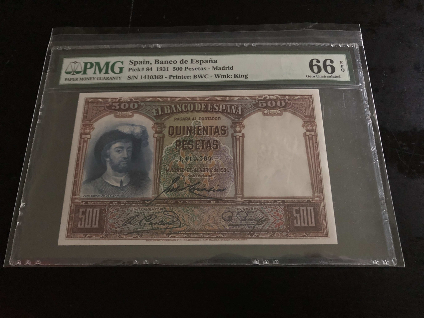【收藏联盟】第134期拍卖——昆士顿高地战役（共50拍） 西班牙 1931年 500比塞塔 PMG66EPQ  绝品 BWC出品 经典