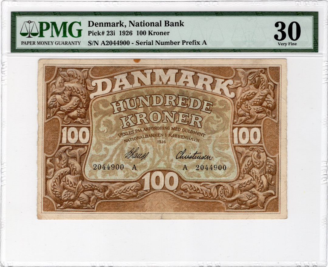 【收藏联盟】第134期拍卖——昆士顿高地战役（共50拍） 丹麦 1926年 100克朗 PMG30