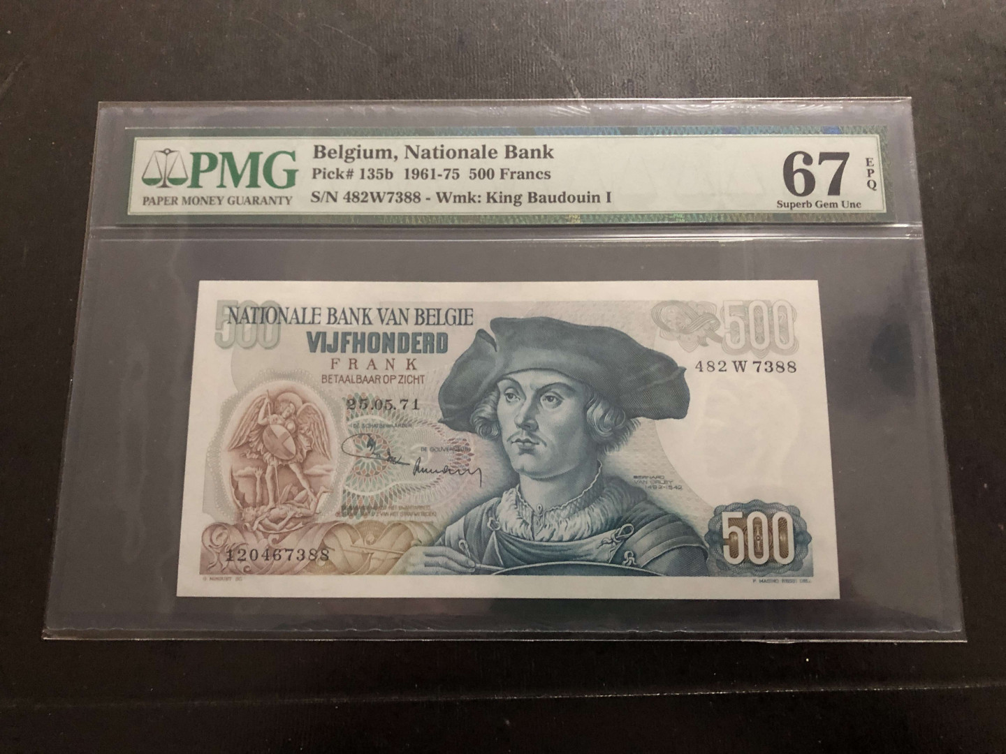 【收藏联盟】第134期拍卖——昆士顿高地战役（共50拍） 比利时 1961-75年 500法郎 PMG67EPQ 经典黑寡妇