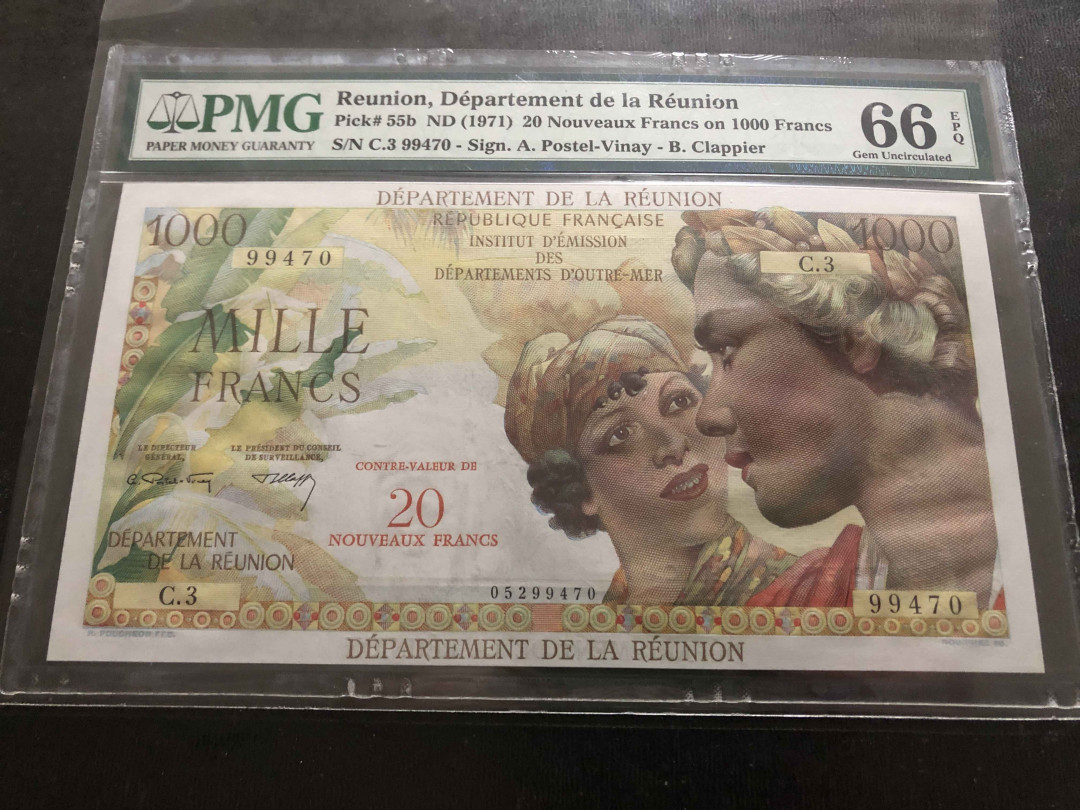 【收藏联盟】第134期拍卖——昆士顿高地战役（共50拍） 留尼旺 1971年 20新法郎=1000法郎 加盖 PMG66EPQ 超大票幅 
