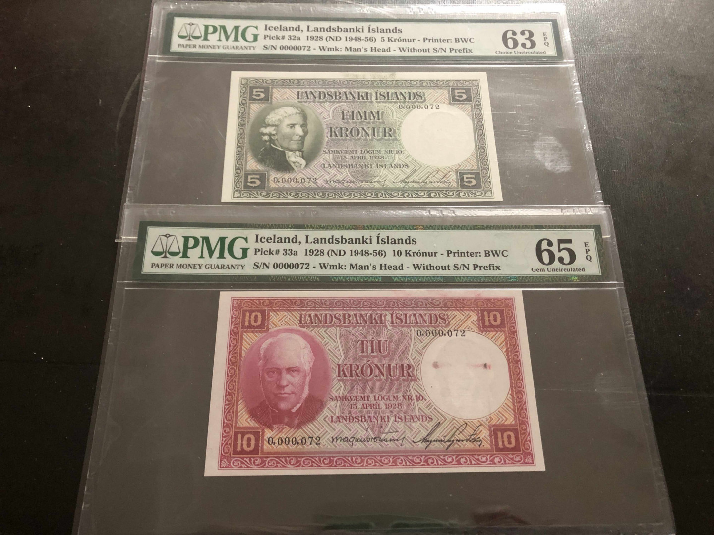【收藏联盟】第134期拍卖——昆士顿高地战役（共50拍） 【一组2张72号小号】冰岛 1928年5-10克朗 PMG63EPQ-65EPQ BWC出品 