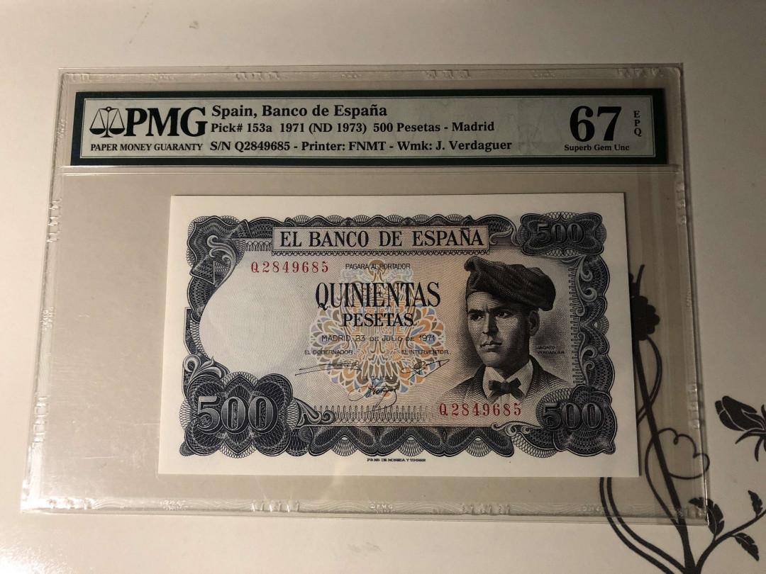 【收藏联盟】第134期拍卖——昆士顿高地战役（共50拍） 西班牙 1971年 500比塞塔 PMG67EPQ 