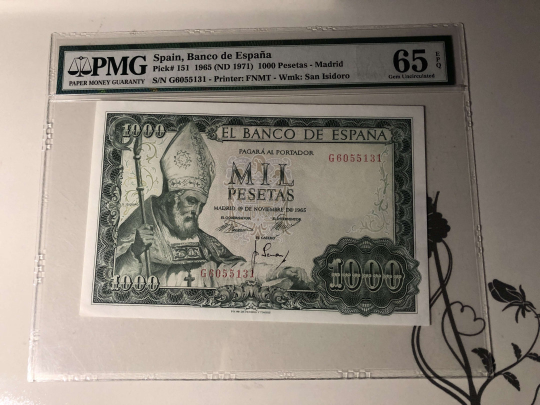 【收藏联盟】第134期拍卖——昆士顿高地战役（共50拍） 西班牙 1965年 1000比塞塔 PMG65EPQ 教皇