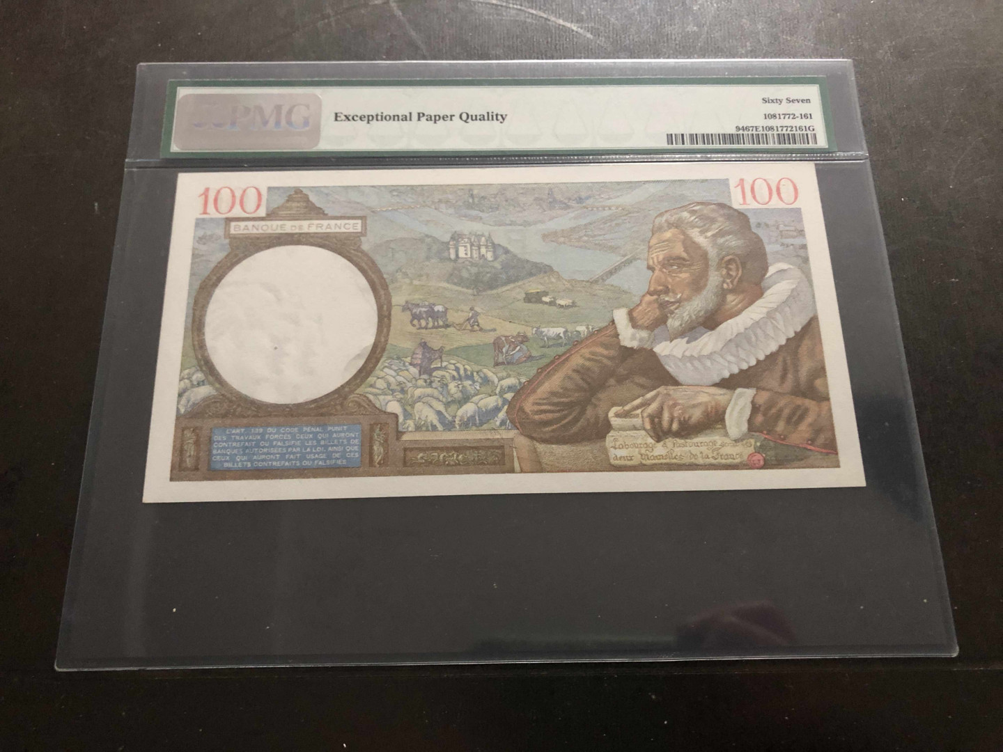 【收藏联盟】第134期拍卖——昆士顿高地战役（共50拍） 法国 1939-42年 100法郎 PMG67EPQ