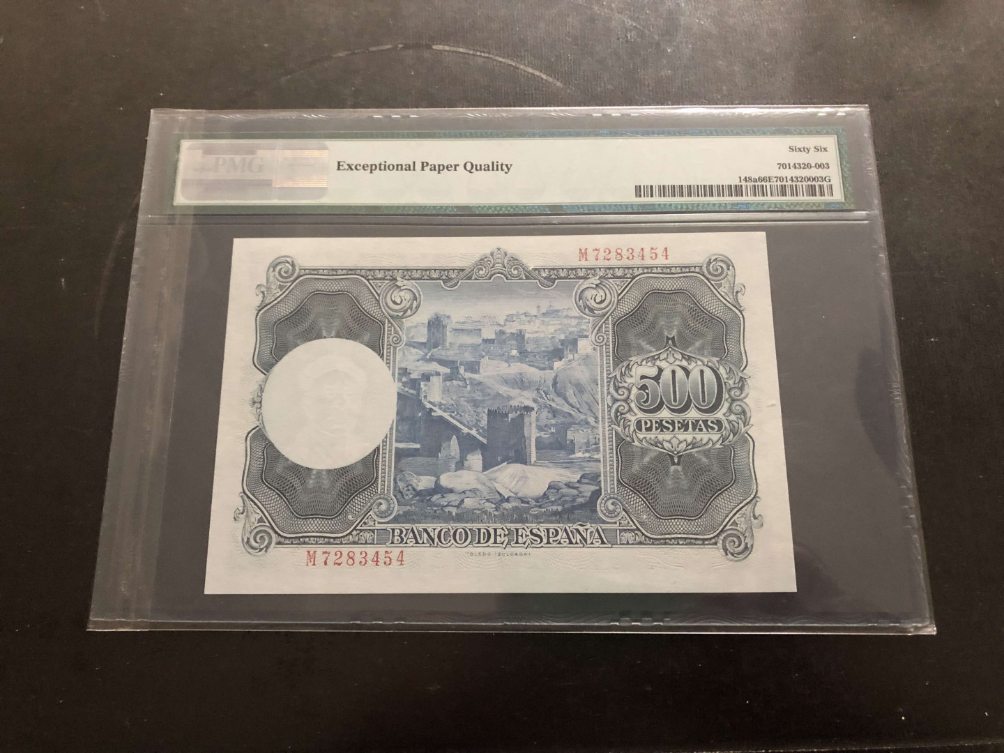 【收藏联盟】第134期拍卖——昆士顿高地战役（共50拍） 西班牙 1954年 500比塞塔 PMG66EPQ  背面漂亮 