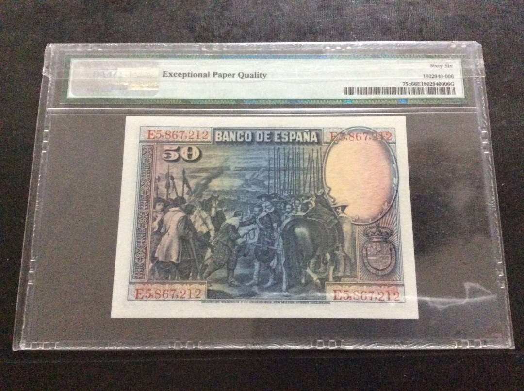 【收藏联盟】第134期拍卖——昆士顿高地战役（共50拍） 西班牙 1928年 50比塞塔 PMG66EPQ 