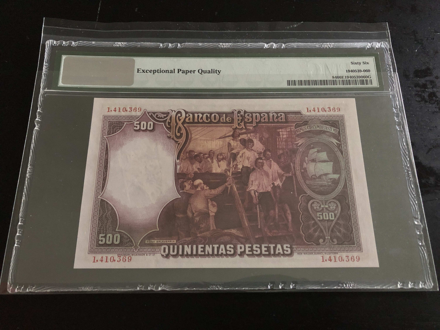 【收藏联盟】第134期拍卖——昆士顿高地战役（共50拍） 西班牙 1931年 500比塞塔 PMG66EPQ  绝品 BWC出品 经典