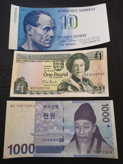 《外钞收藏家》第七十八期拍卖 - 芬兰 泽西 韩元 三张小面额  一起  unc