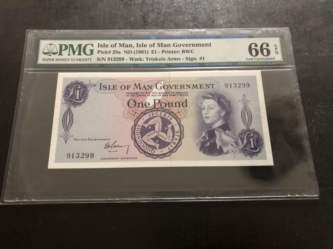 【收藏联盟】第134期拍卖——昆士顿高地战役（共50拍） 马恩岛 1961年 1镑 PMG66EPQ  BWC出品 戎装女王