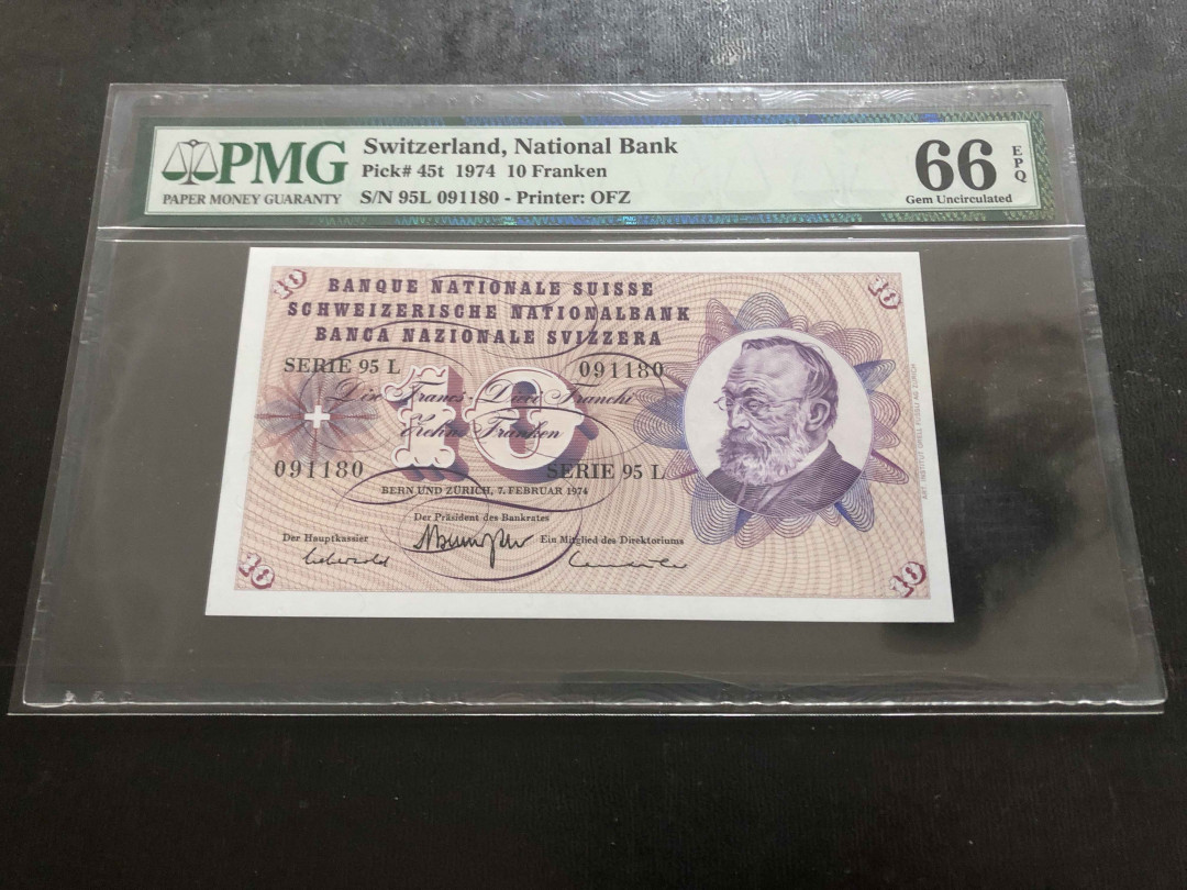 【收藏联盟】第134期拍卖——昆士顿高地战役（共50拍） 瑞士 1974年 10法郎 PMG66EPQ 