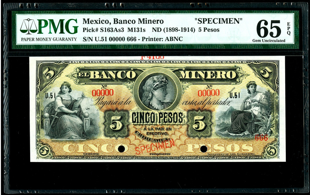 【收藏联盟】第134期拍卖——昆士顿高地战役（共50拍） 墨西哥 1898-1914年 5比索 P-S163As3  PMG65EPQ 绝品 非常稀少 雕刻众多女神 非常精美