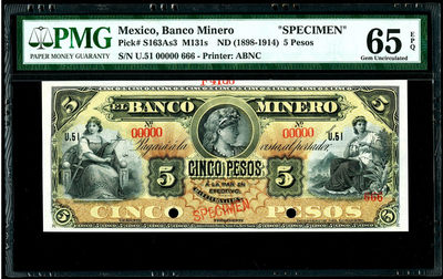 【收藏联盟】第134期拍卖——昆士顿高地战役（共50拍） - 墨西哥 1898-1914年 5比索 P-S163As3  PMG65EPQ 绝品 非常稀少 雕刻众多女神 非常精美