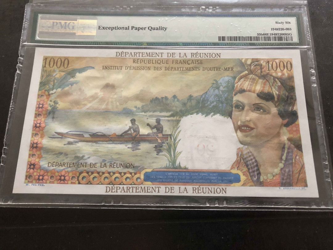 【收藏联盟】第134期拍卖——昆士顿高地战役（共50拍） 留尼旺 1971年 20新法郎=1000法郎 加盖 PMG66EPQ 超大票幅 