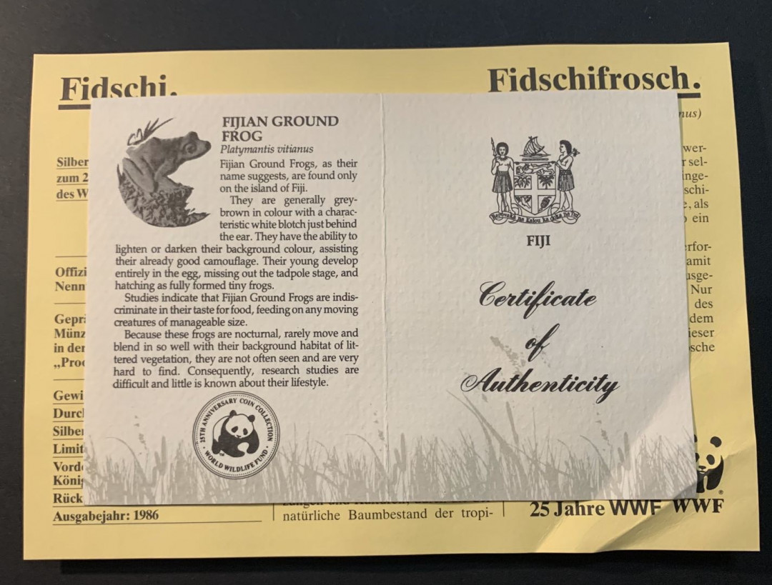紫瑗钱币—微拍第53期  斐济 1986年 世界濒危野生动物 绿娃 10元 27克 0.925银 精制 WWF原装卡
