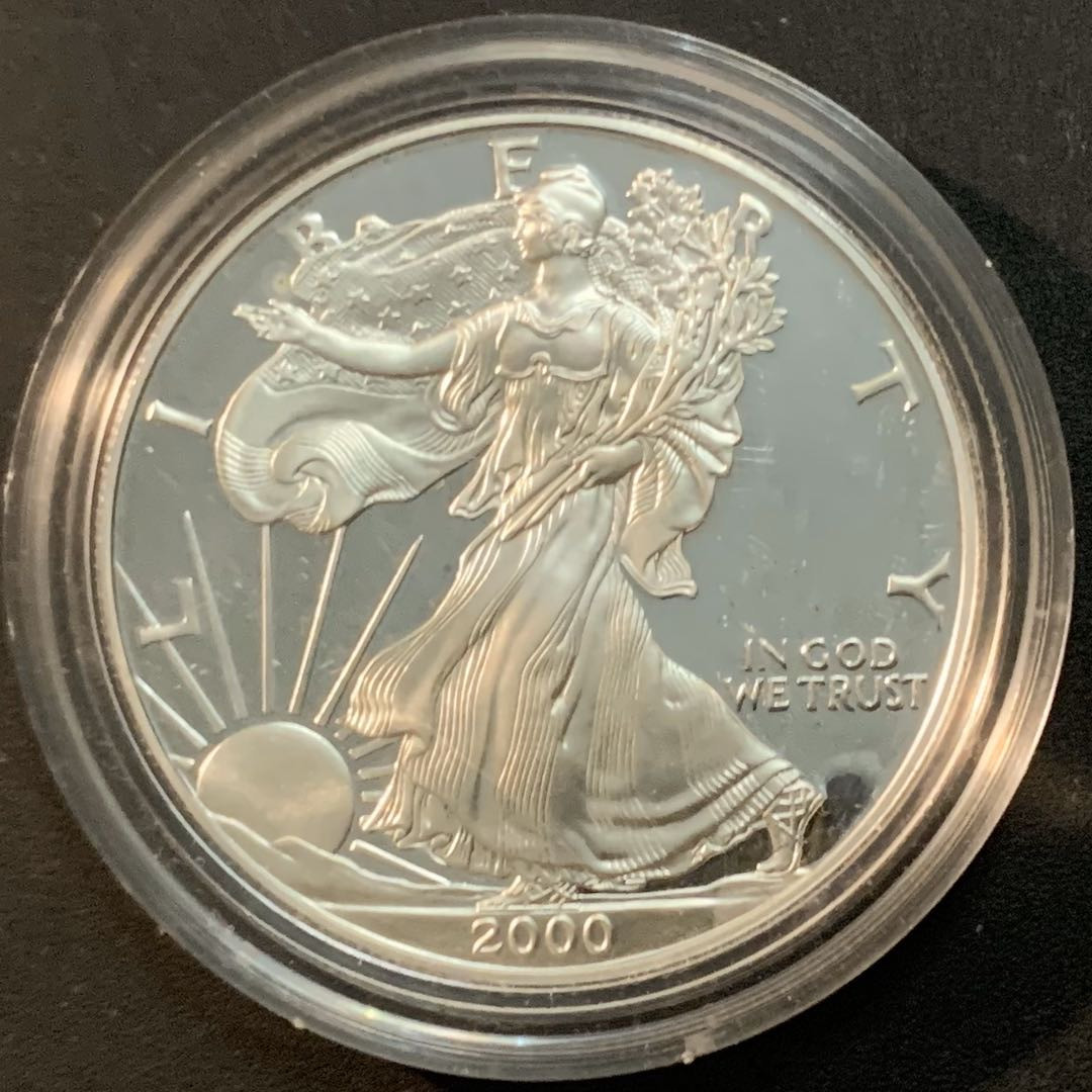 紫瑗钱币—微拍第53期  美国 2000年 P版 行走投资银 1美元 精制 1盎司纯银 31.1克 0.999银