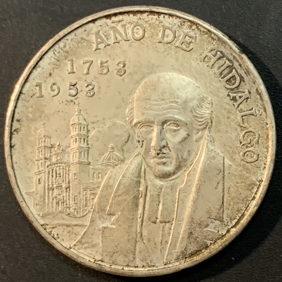 紫瑗钱币—微拍第53期  墨西哥 1953年 伊达尔戈 200周年 5比索 27.8克 0.72银