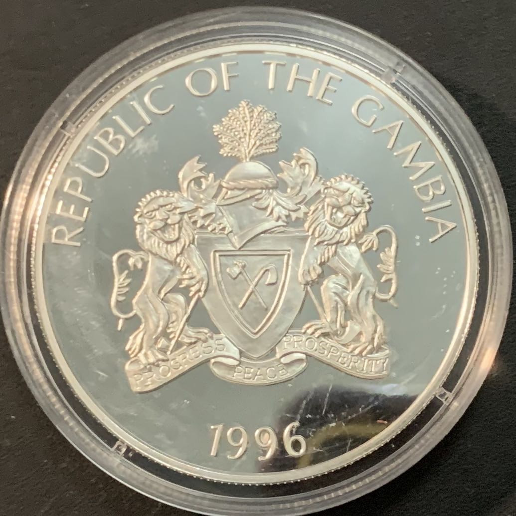 紫瑗钱币—微拍第53期  冈比亚 1996年 98法国世界杯 20达拉西 31.47克 0.999银 精制