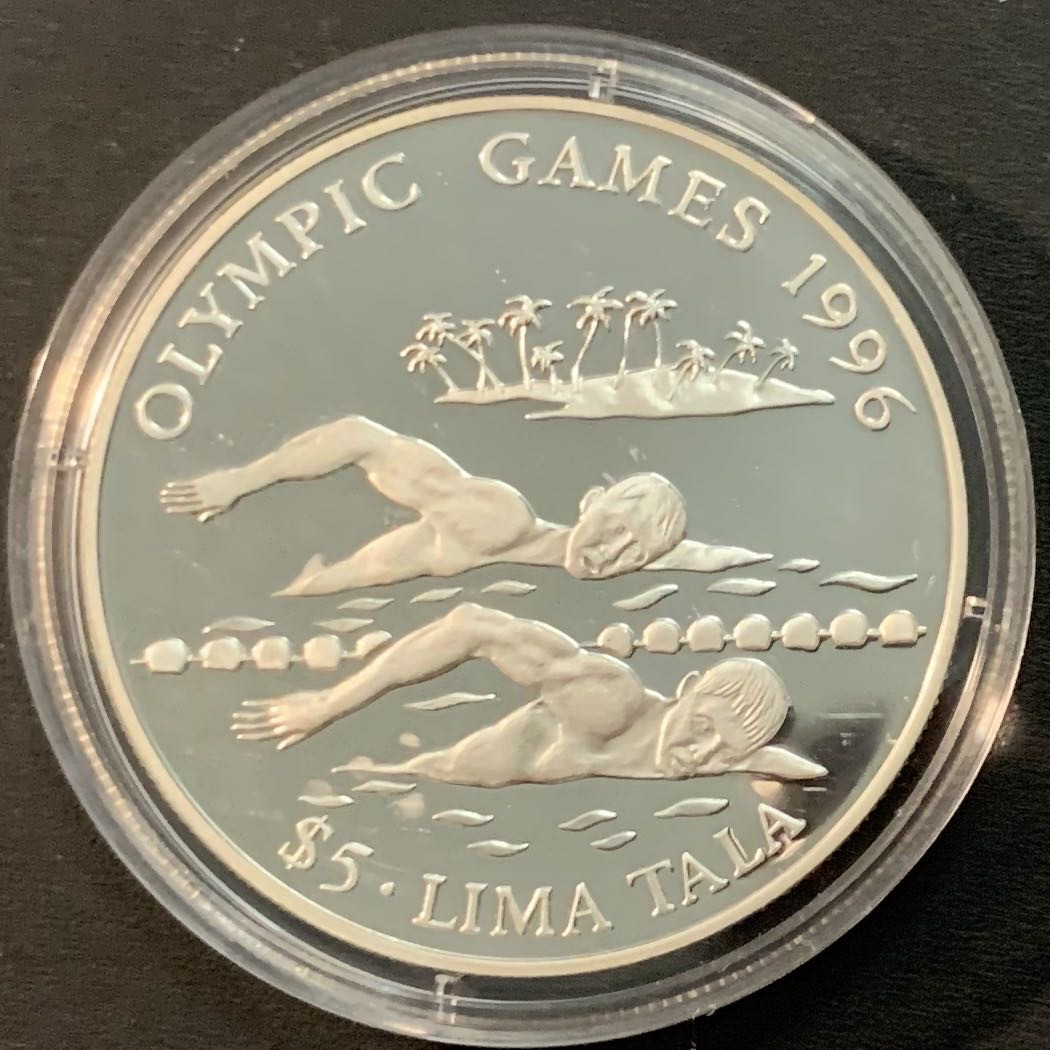 紫瑗钱币—微拍第53期  托克劳 1994年  亚特兰大奥运会 游泳 5塔拉 31.47克 0.925银 精制