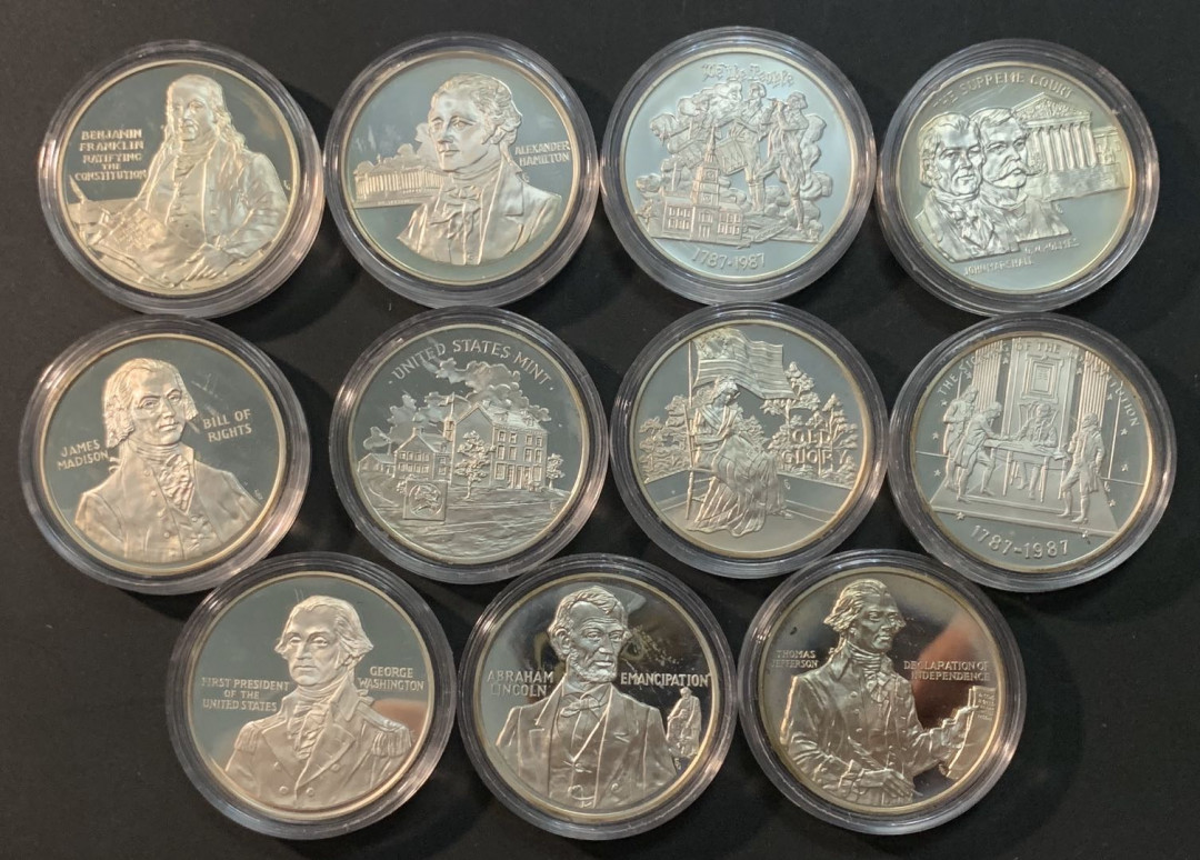 紫瑗钱币—微拍第53期  美国 1987年 总统系列 银章 11枚全 共264克 0.925银 精制