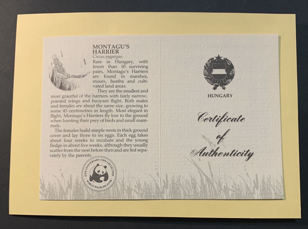 紫瑗钱币—微拍第53期  匈牙利 1988年  世界濒危野生动物 苍鹰 500福林 银币 28克 0.9银 精制 WWF原装卡