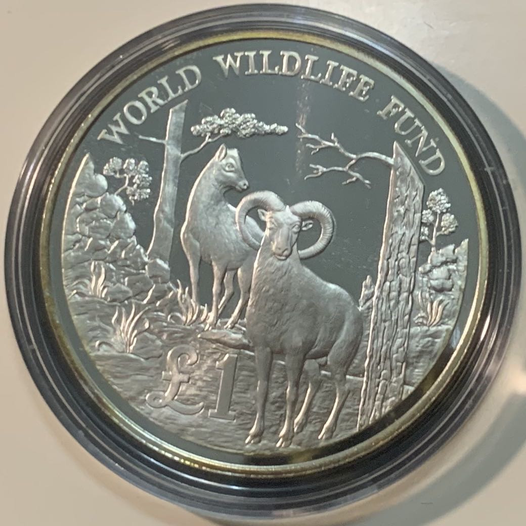 紫瑗钱币—微拍第53期  塞浦路斯 1986年 野生动物基金会 高山羊 1磅 28.28克 0.925银 精制 WWF原装卡