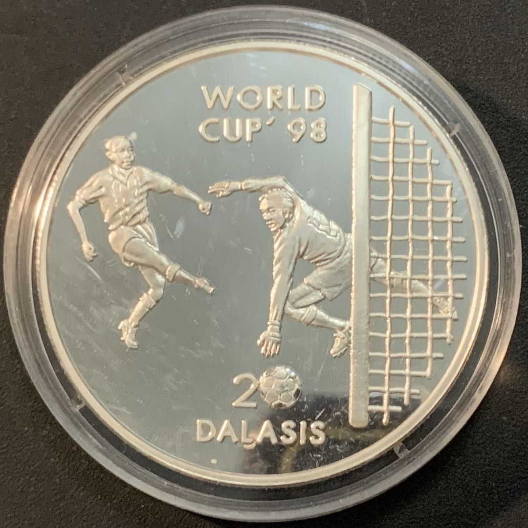 紫瑗钱币—微拍第53期  冈比亚 1996年 98法国世界杯 20达拉西 31.47克 0.999银 精制
