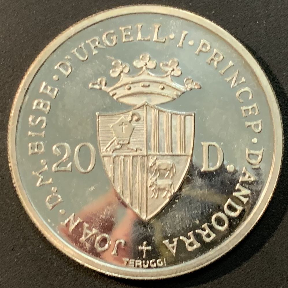 紫瑗钱币—微拍第53期  安道尔 1984年 洛杉矶奥运会 射击 20第纳尔 银币 16克 0.9银 精制