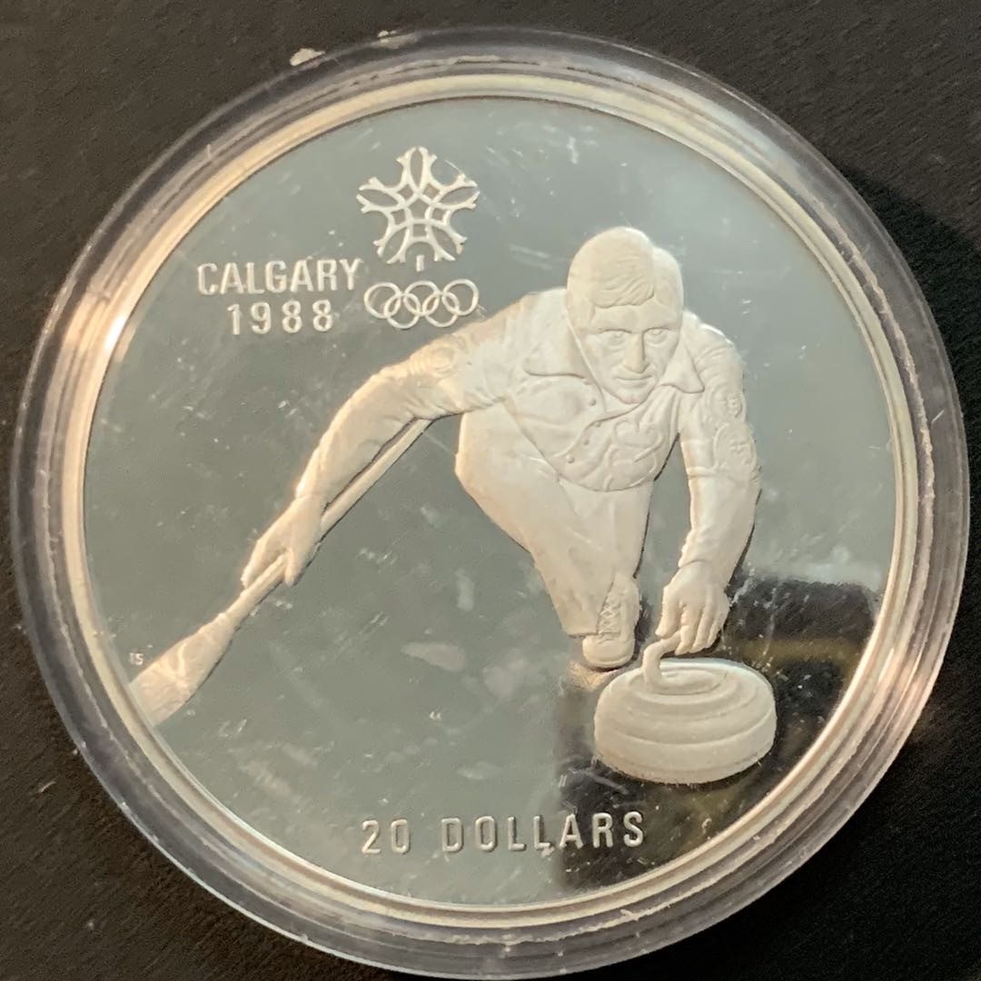 紫瑗钱币—微拍第53期  加拿大 1987年 卡尔加里冬奥会 冰壶 20元  34.1克 0.925银 精制